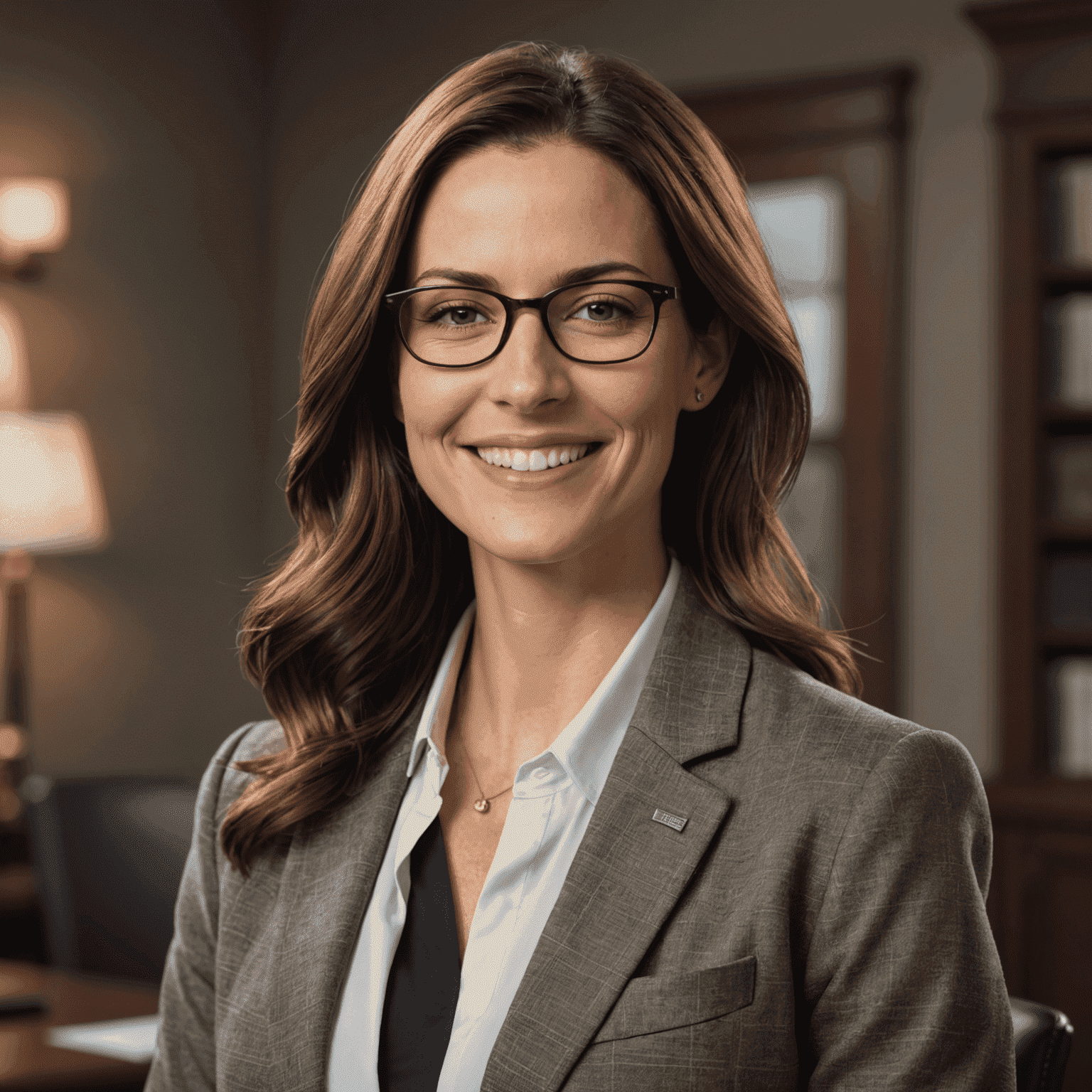 Sarah Johnson, a woman in her early 30s with shoulder-length brown hair and glasses, smiling confidently in a professional blazer