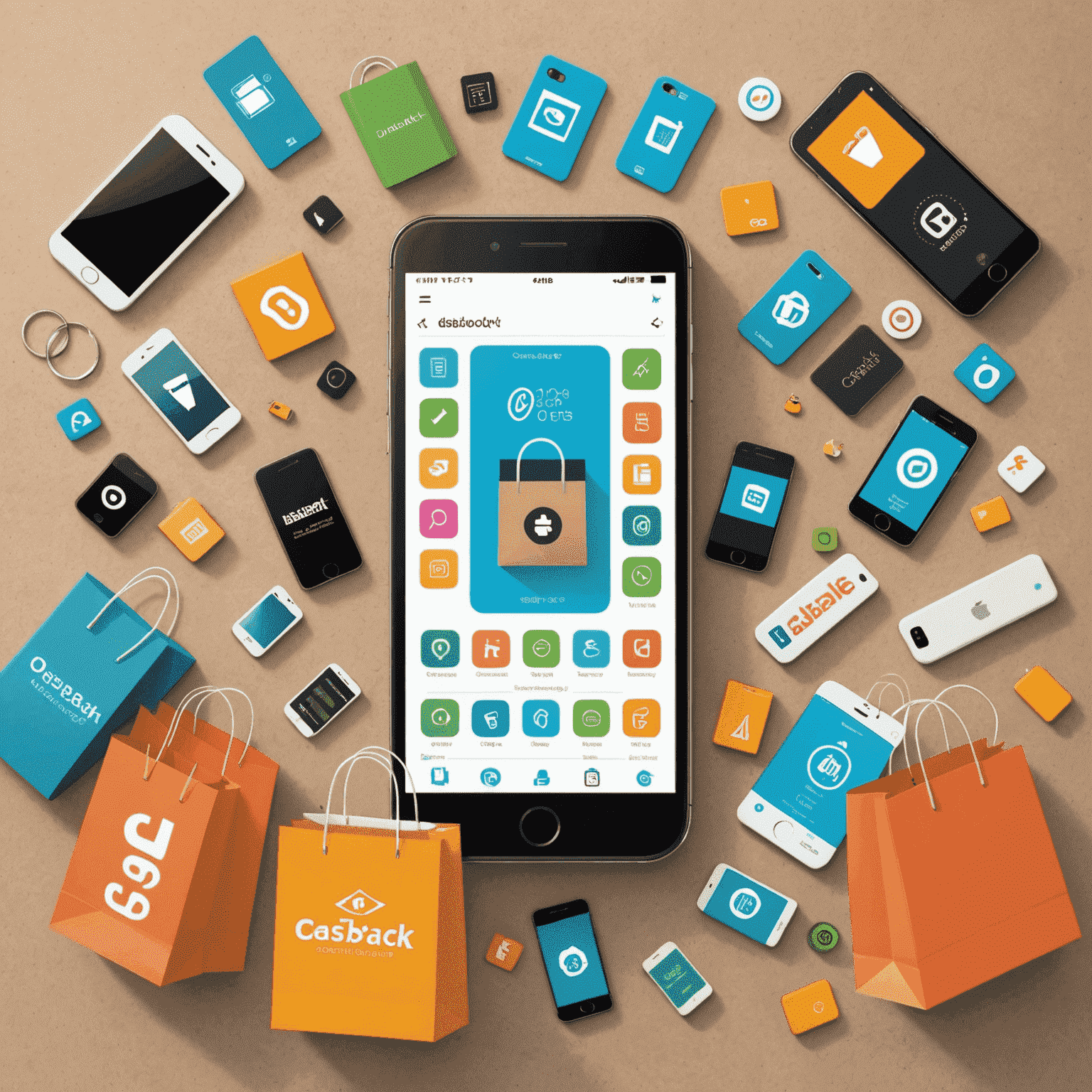 Illustration showing a smartphone with Disbacket app open, surrounded by shopping bags and cashback symbols