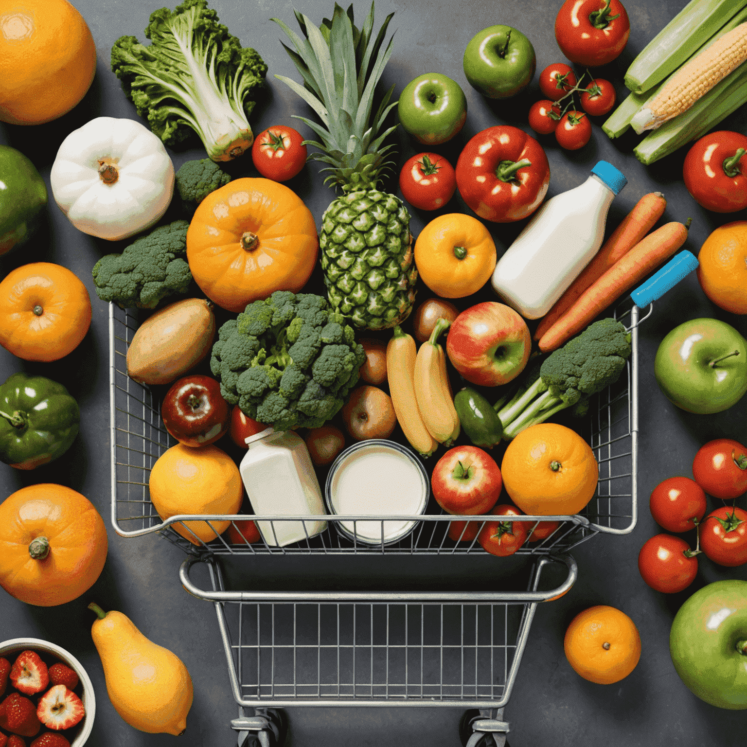 A diverse array of fresh groceries including fruits, vegetables, dairy products, and packaged goods in a shopping cart