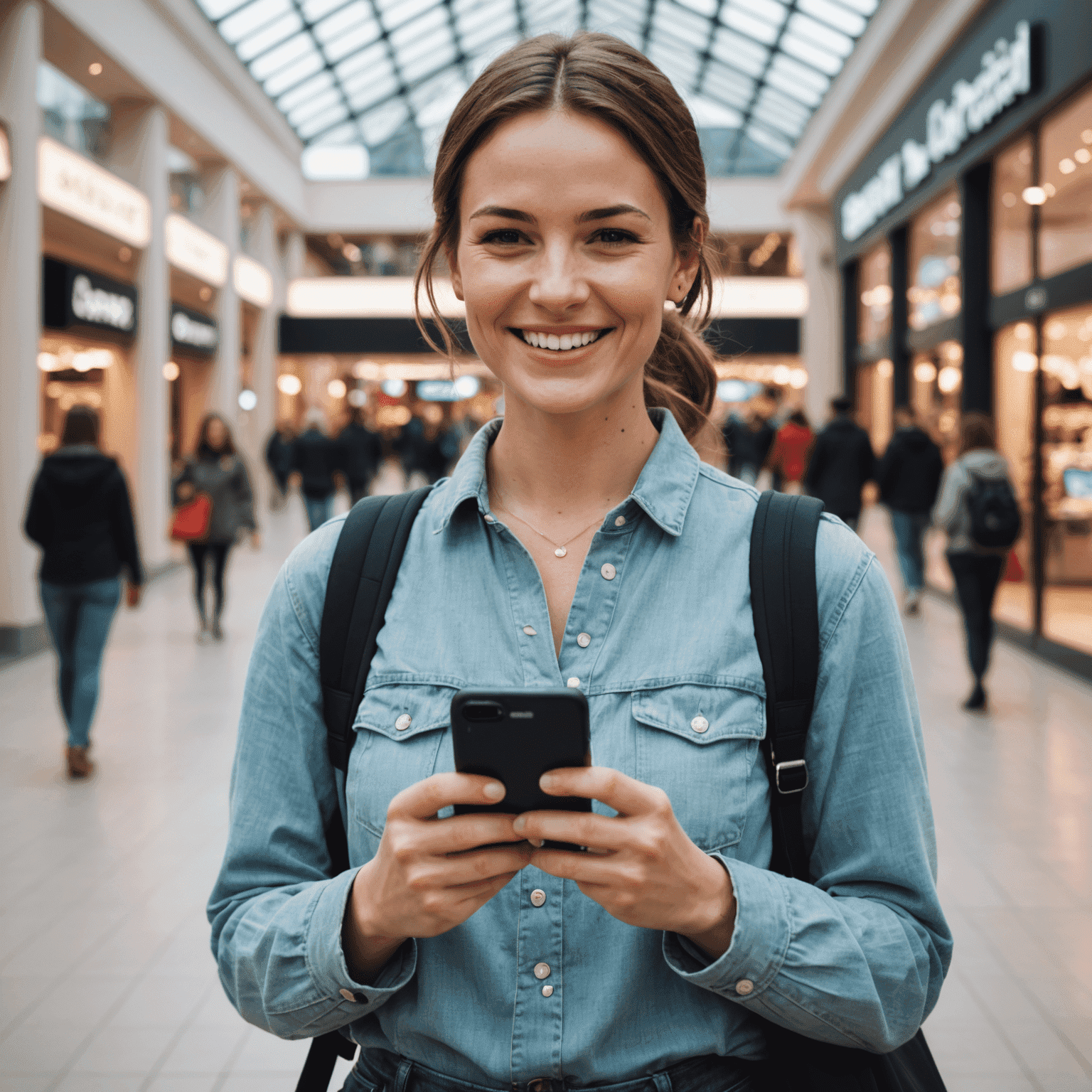 Sarah smiling while holding her smartphone showing the Disbacket app, standing in front of a shopping mall