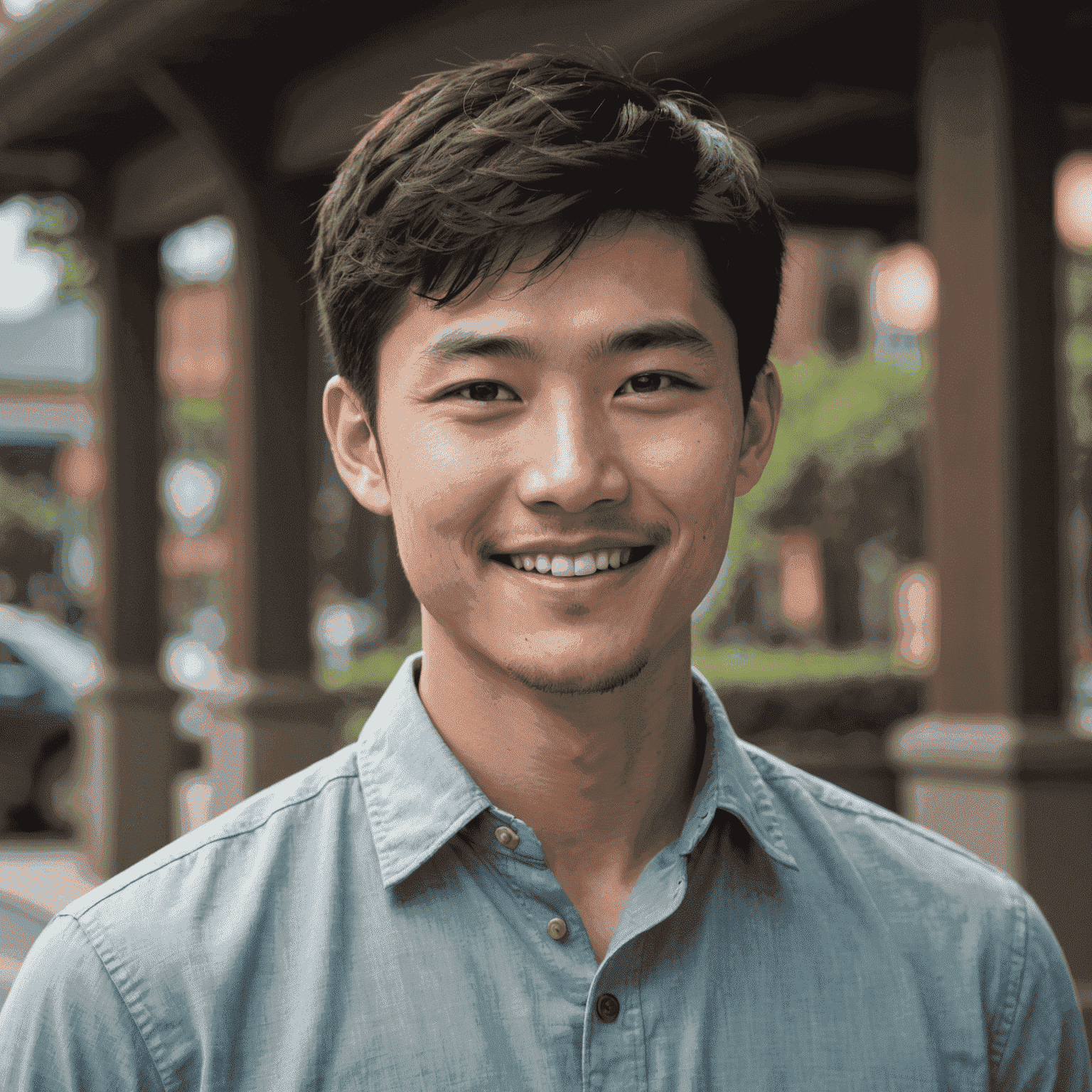 Michael Chen, an Asian-American man in his late 20s with short black hair, wearing a casual button-up shirt and offering a friendly smile