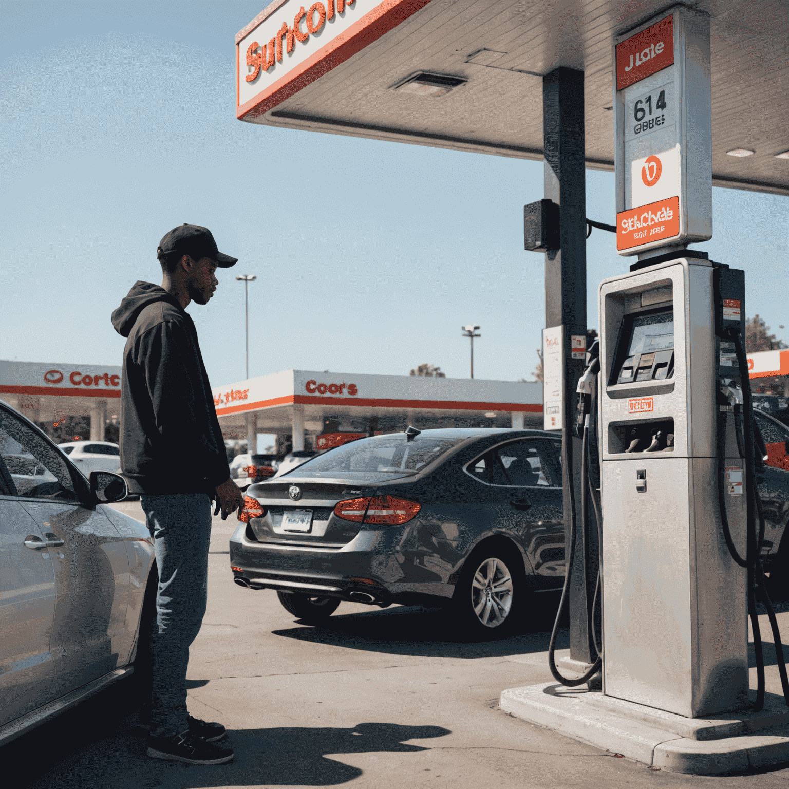 A person filling up their car at a gas station with prices displayed prominently