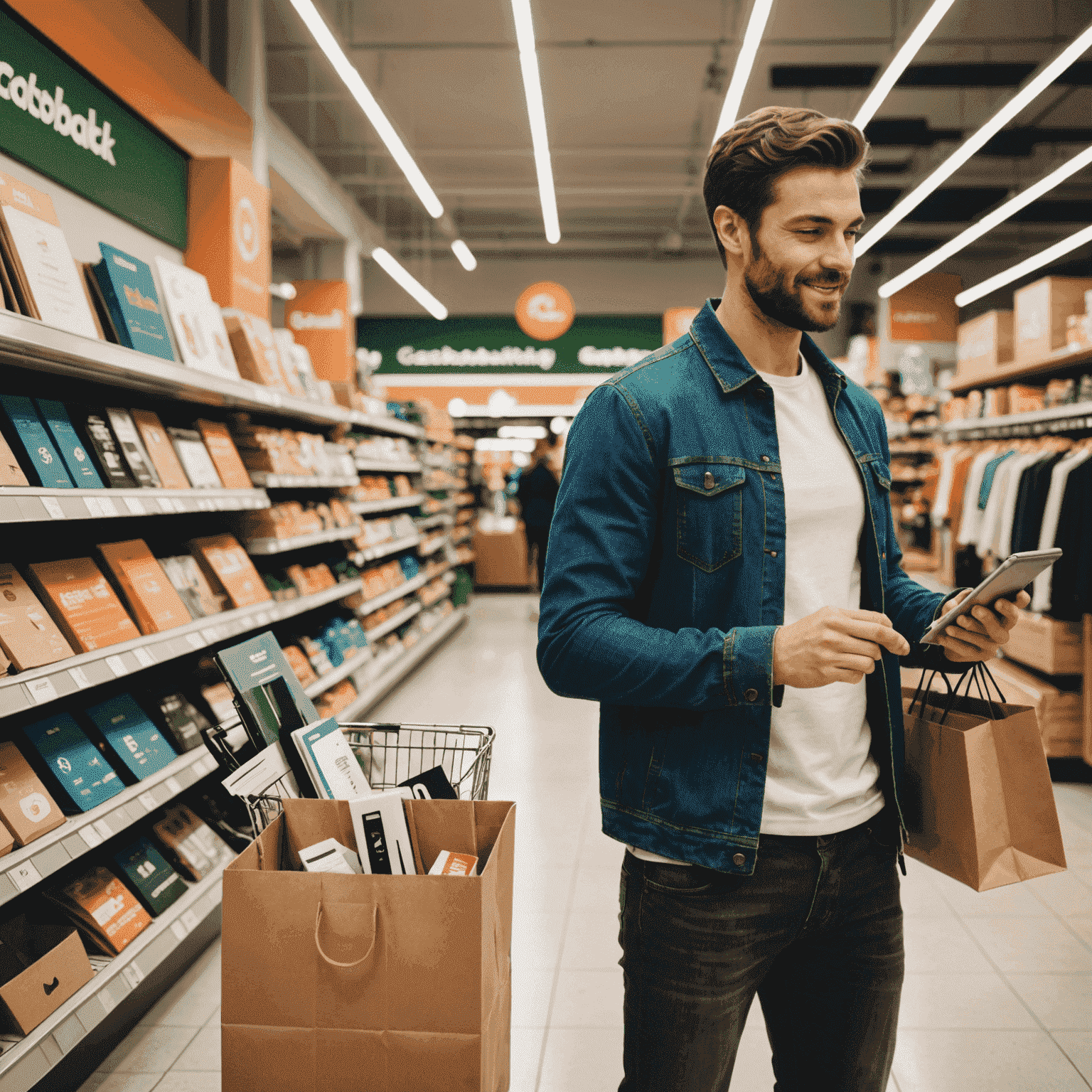 A split image showing a person shopping online on one side and in a physical store on the other, both with cashback symbols, emphasizing cashback opportunities for both shopping methods