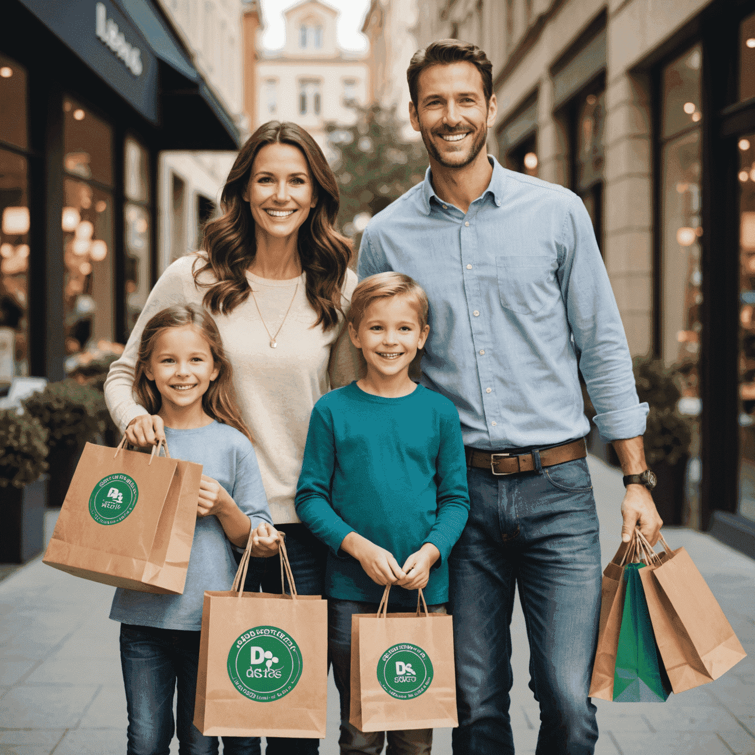 A family of four smiling together, holding shopping bags with the Disbacket logo