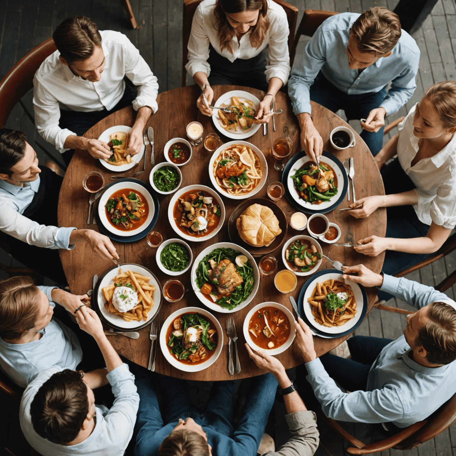 A group of people enjoying a meal at a restaurant, with various dishes on the table