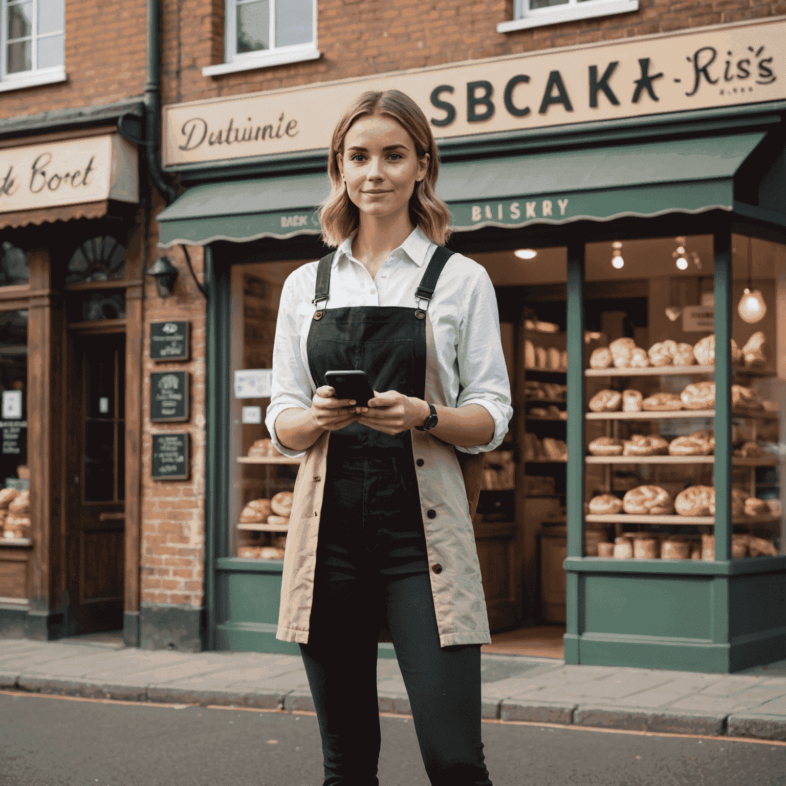 Emma standing proudly in front of her small bakery, holding her phone displaying the Disbacket app