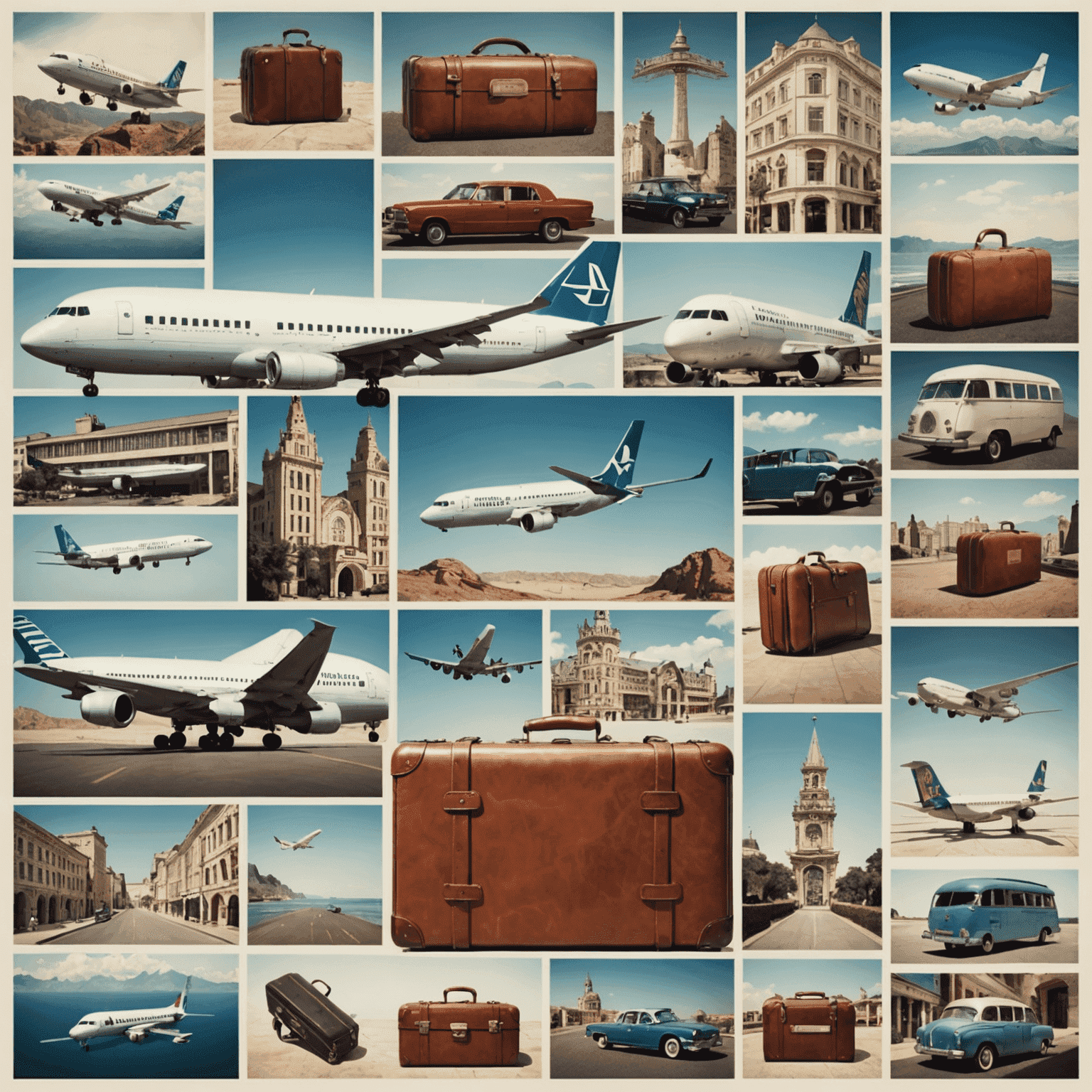 A collage of travel images including an airplane, hotel, and suitcase