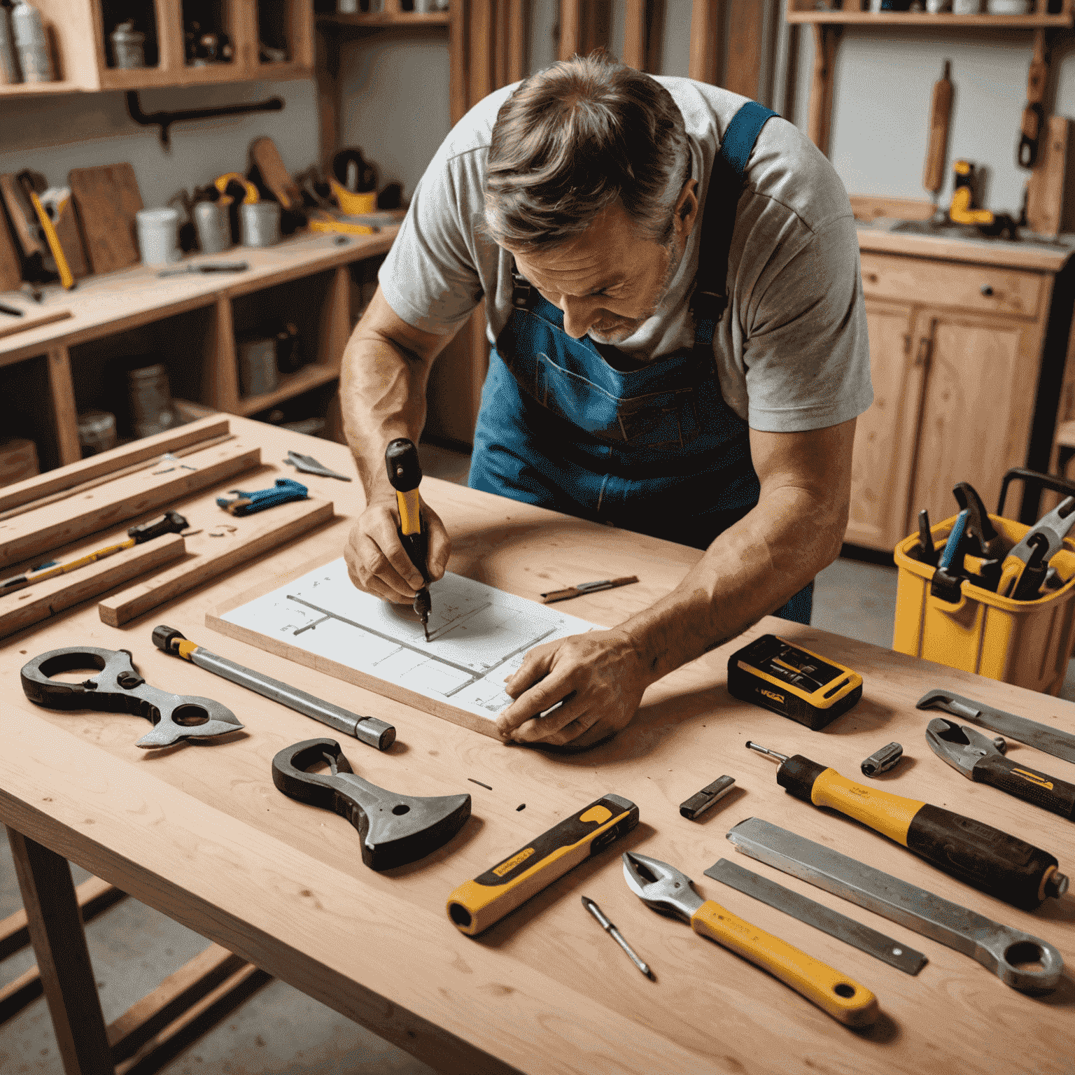 A person working on a home improvement project with various tools and materials